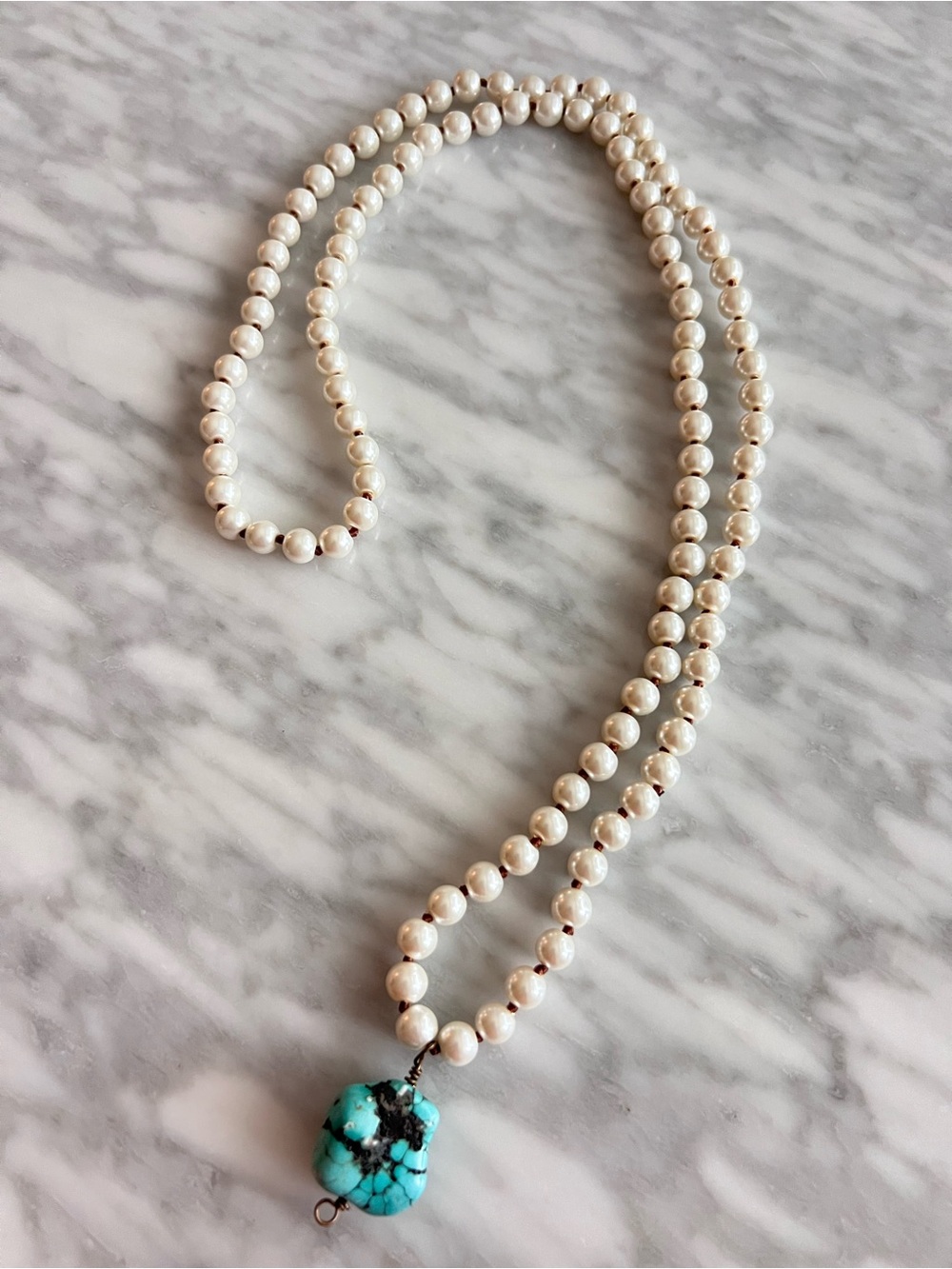 Glass Pearl Necklace with Stone Pendant - Women Jewelry